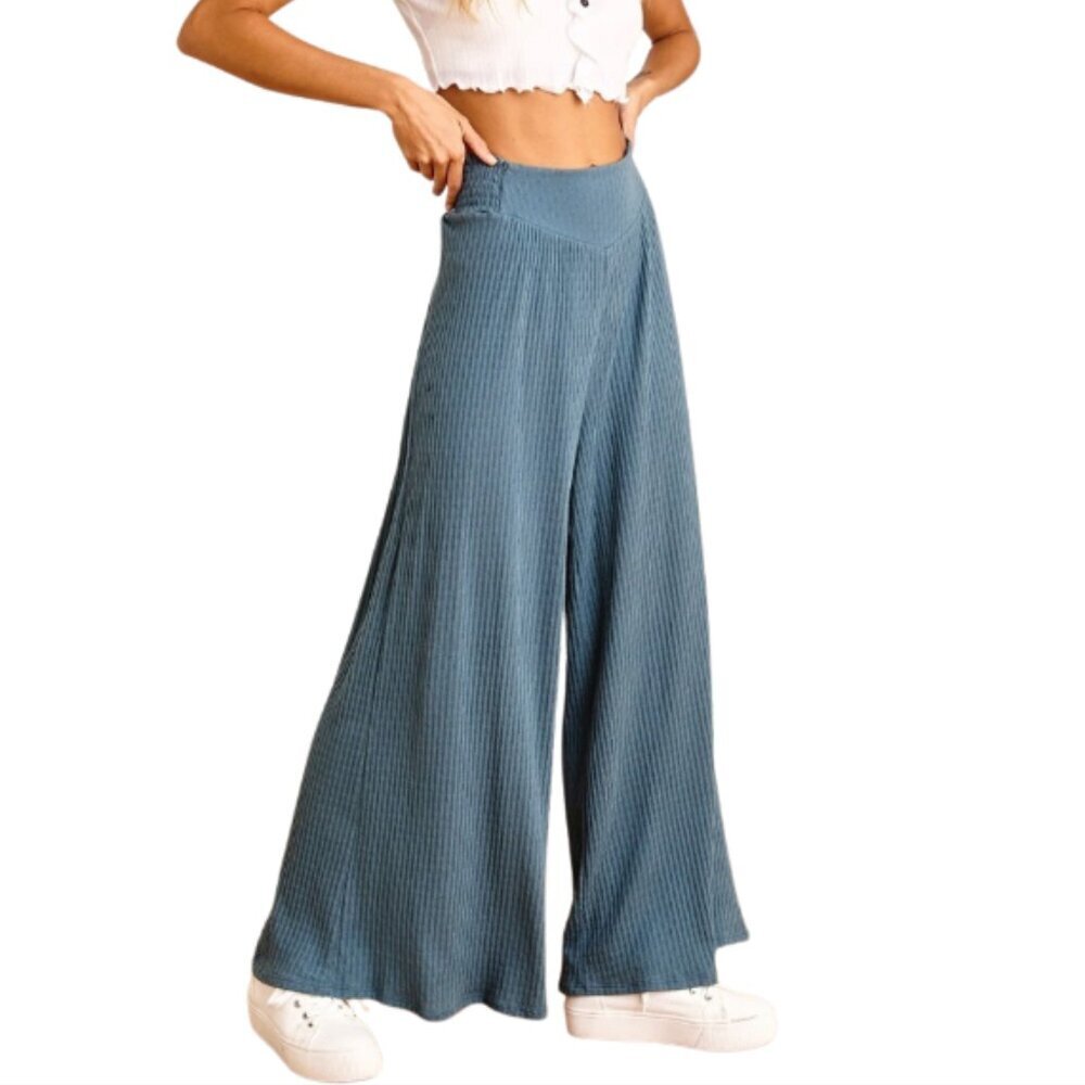 Blue Ribbed Linen Lightweight Women's Wide Leg Stretchy Pants